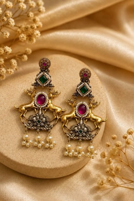 Royal Deer Motif Green Pink Earings