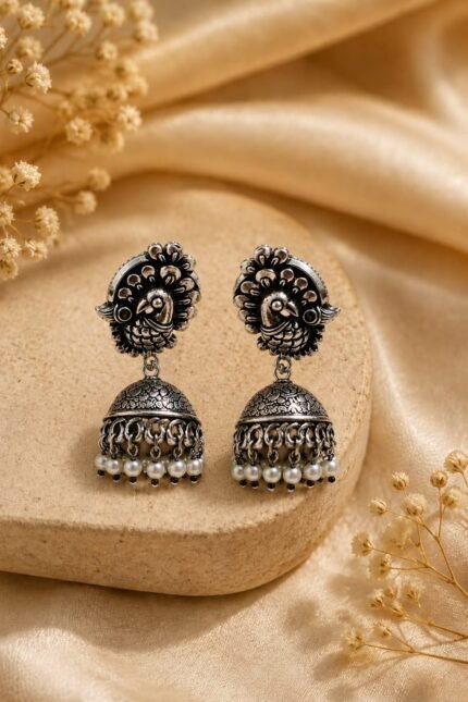Silver Peacock Jhumka